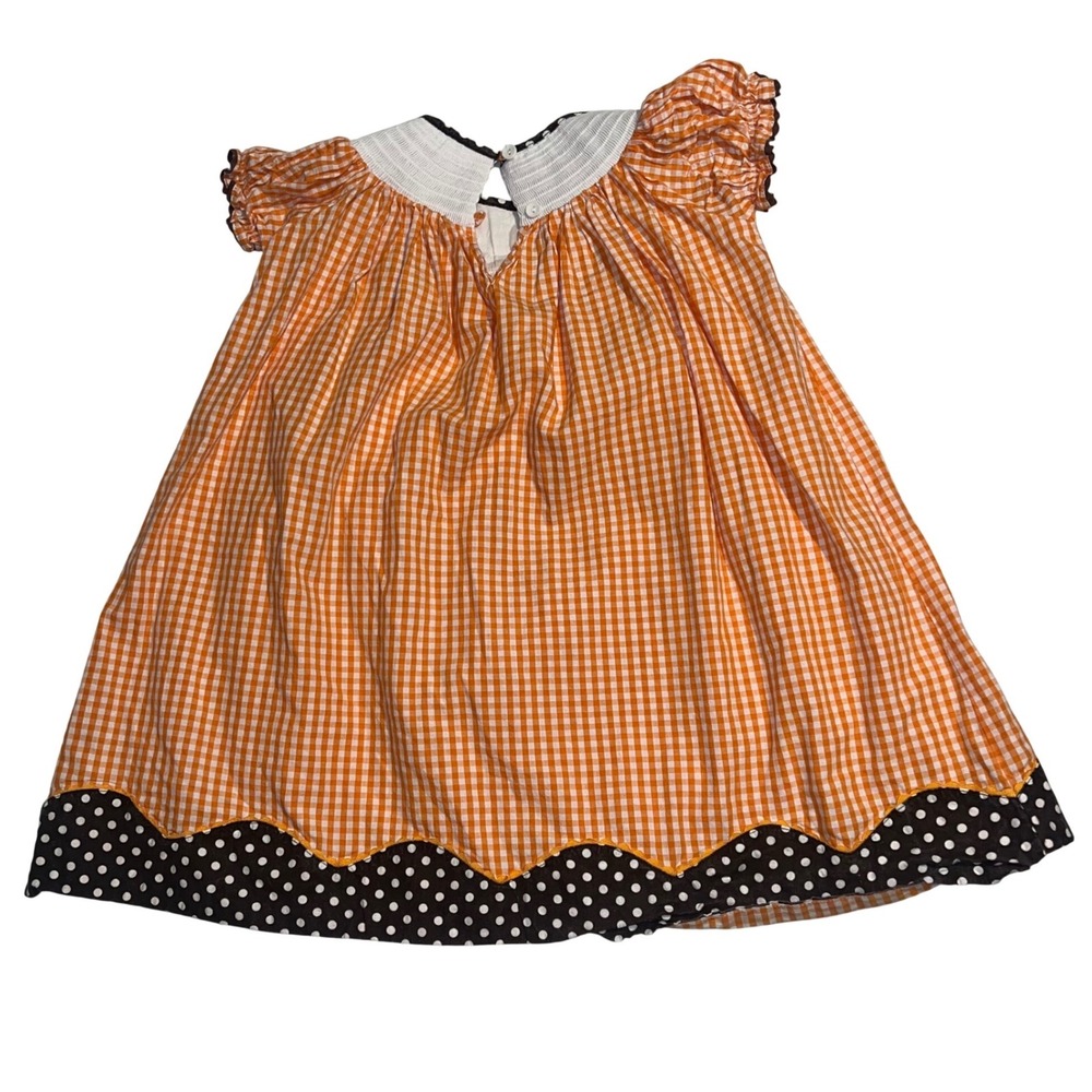 Lil Cactus Girls 4T Thanksgiving Turkey Smocked Gingham Dress Orange Brown - Picture 2 of 7